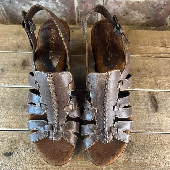 AEROSOLES Open Toe Brown Leather Chunky Block Heel Sandals Sz 8.5 - Picture 12 of 14